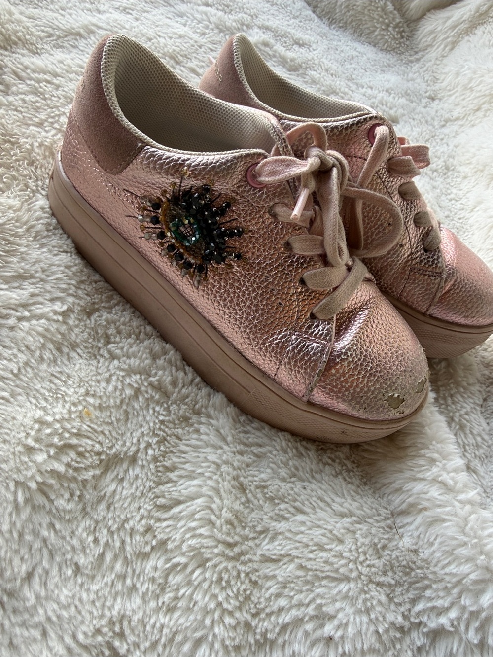 Kurt Geiger Rose Gold Metallic Platform Sneakers with Beaded Embellishment